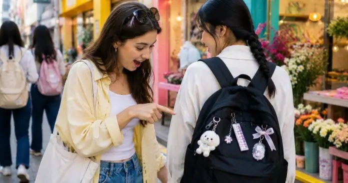 A young woman expresses excitement while pointing at her friend's backpack, which is adorned with cute keychains, in a lively street with floral shops in the background.