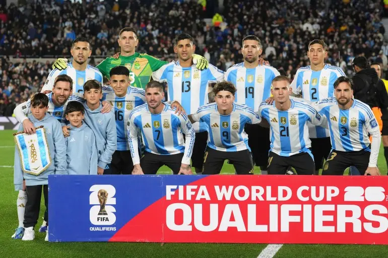 FILE - Argentina's Lionel Messi, second from left, poses with teammates and his sons prior to a World Cup 2026 qualifying soccer match against Venezuela at the Monumental stadium in Buenos Aires, Argentina, Thursday, Sept. 4, 2025. (AP Photo/Gustavo Garello, File)