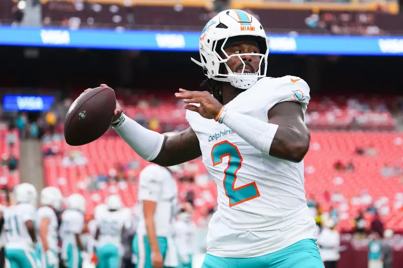 LANDOVER, MARYLAND - AUGUST 14: Malik Willis #2 of the Miami Dolphins warms up prior to the NFL preseason football game against the Washington Commanders at Northwest Stadium on August 14, 2026 in Landover, Maryland. (Photo by Perry Knotts/Getty Images)