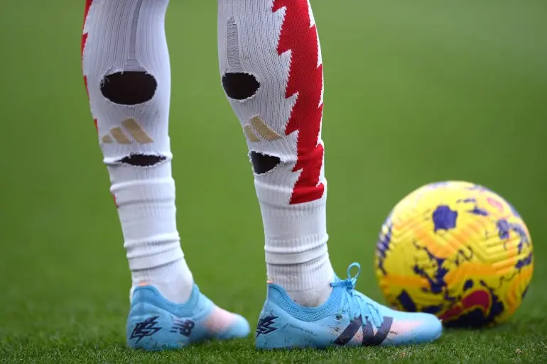 LONDON, ENGLAND - JANUARY 20: The boots and socks of Bukayo Saka of Arsenal during the Premier League match between Arsenal FC and Crystal Palace at Emirates Stadium on January 20, 2024 in London, England. (Photo by Justin Setterfield/Getty Images)