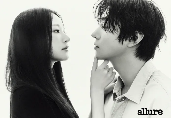 Ahn Hyo Seop in allure Korea gazing at each other, captured in black and white. The woman has long hair and is wearing a black top, while the man has tousled hair and is dressed in a light-colored shirt. The composition emphasizes their facial features and expressions.