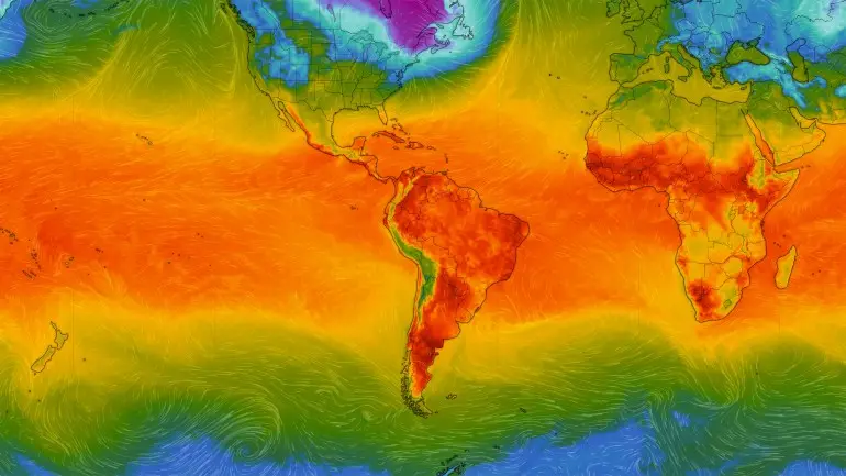 Dresden, Germany - February 2, 2023: Map of South America and Africa on Windy weather web service showing global heat waves of extreme high temperature in South hemisphere. Concept of global warming