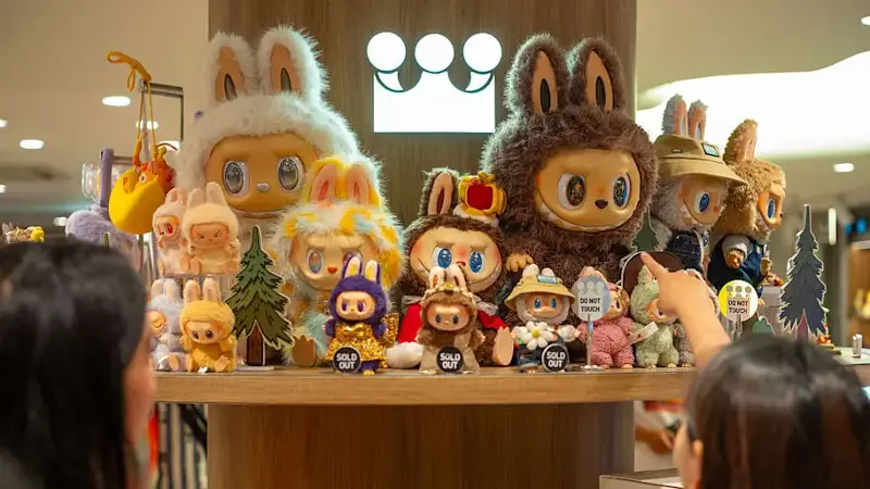 A girl points at a Labubu display at a Pop Mart shop