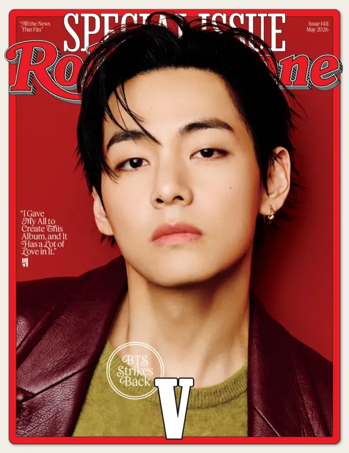 Close-up of BTS V with dark hair and a serious expression, featured on the cover of Rolling Stone magazine, May 2026 issue, with a red background and title text.