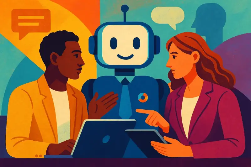 Ilustración colorida de estilo moderno que representa a un robot amigable colaborando con dos profesionales en una conversación activa