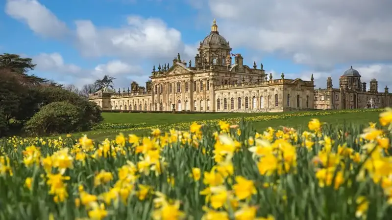 Panoramic landscape of Castle Howard Stately Home with daffodils at Springtime