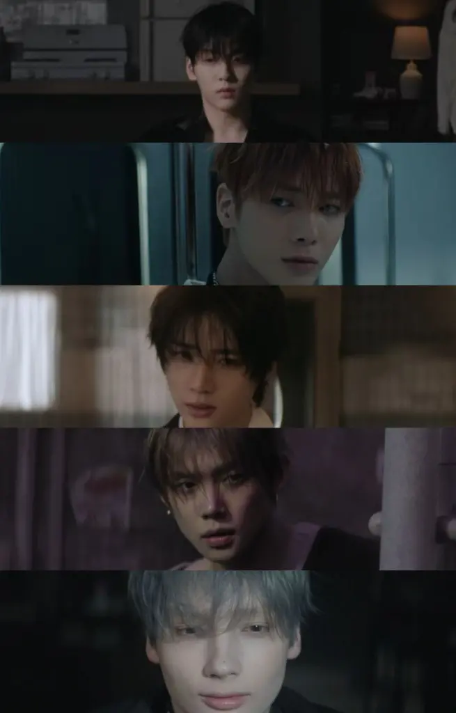 A collage of TXT members  displaying various expressions and hairstyles against different backdrops, conveying a sense of mood and emotion.