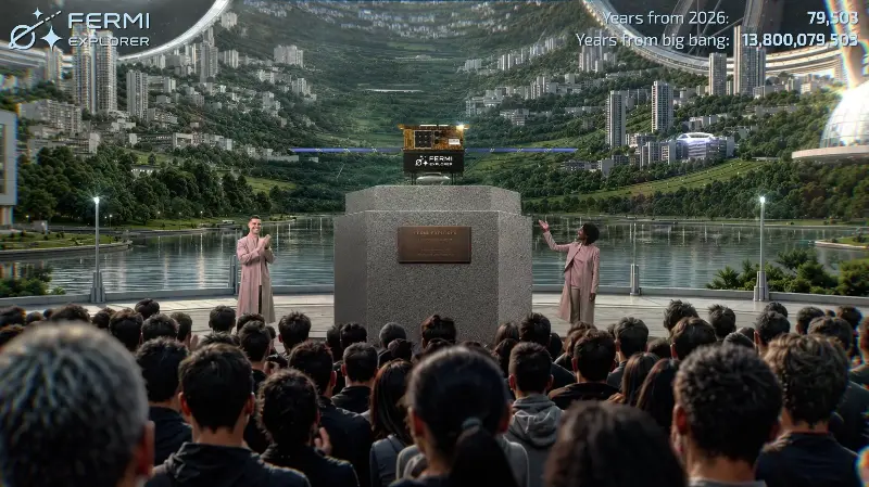 The spacecraft is shown in the video as being greeted by future humans - Fermi Explorer