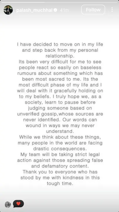 Palash Muchhal's Instagram story.