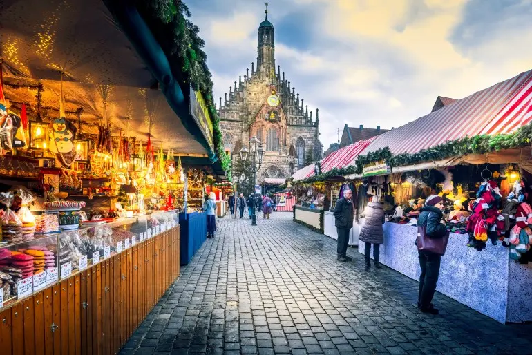 Nuremberg, Germany - November 2022. Christkindlesmarkt one of the oldest Christmas markets, famous Bavaria touristic background.