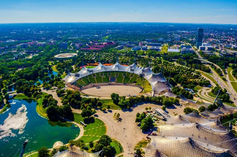 Aerial view of olympiapark in german city munich which hosted olympic games at 1972.; Shutterstock ID 428830336; purchase_order: d; job: ; client: ; other: