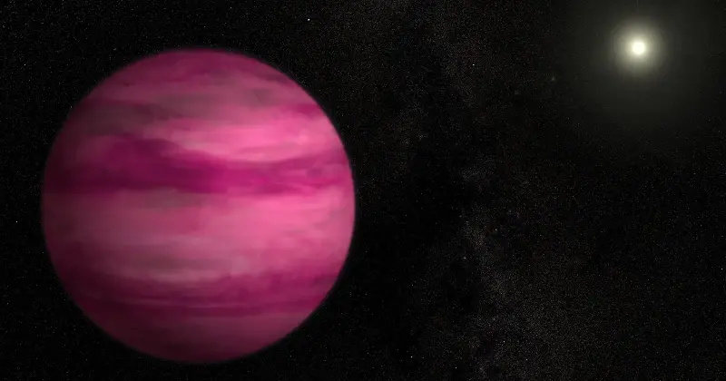 Artist's concept of exoplanet GJ 504 b, a deep-magenta banded gas giant, with its host star glowing in the distance
