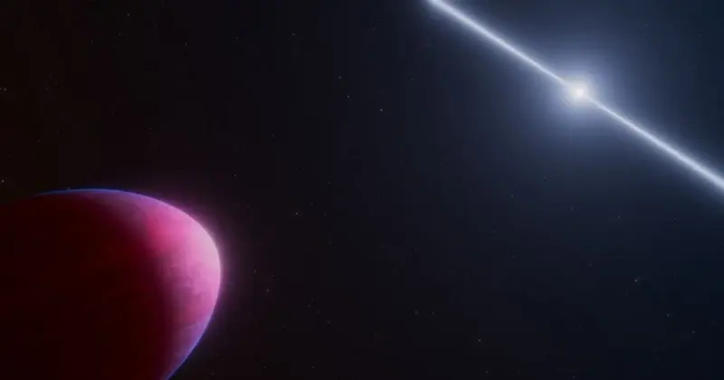 Artist concept of the lemon-shaped exoplanet PSR J2322-2650b orbiting a pulsar with a bright beam