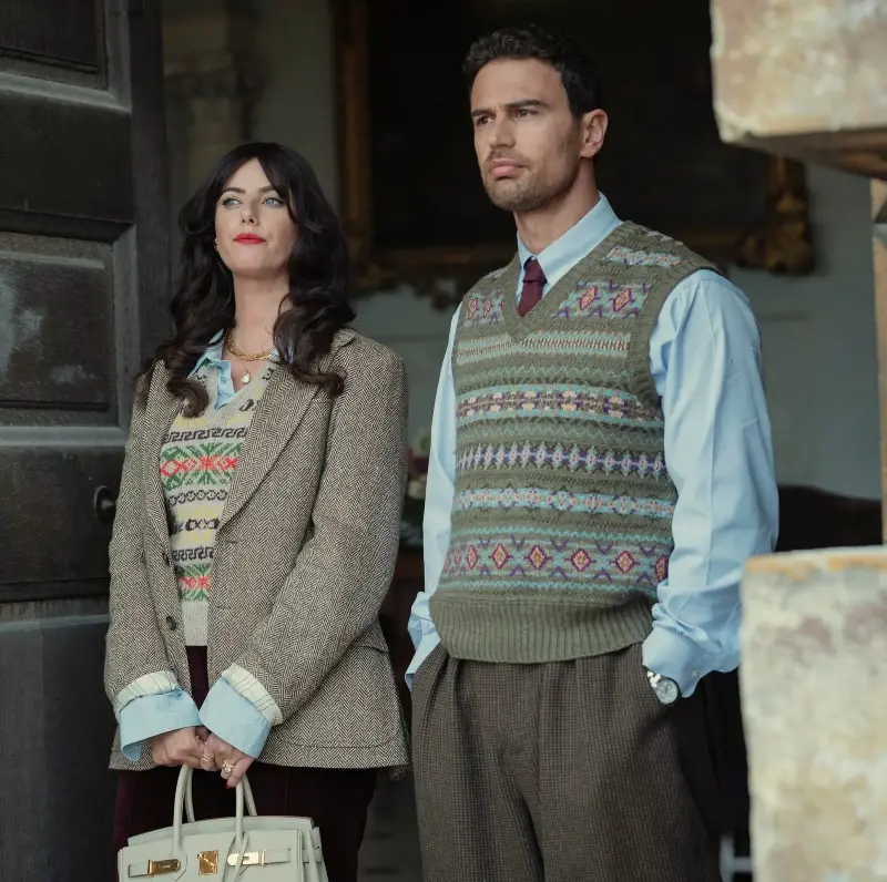Theo James in a Fair Isle knitted vest and breeches in The Gentlemen - PA Media
