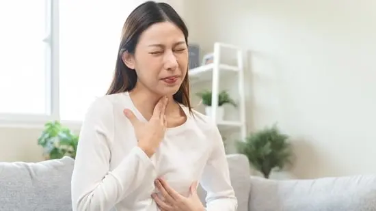 Acid reflux usually feels like a sour taste in the mouth with burning in the throat. 