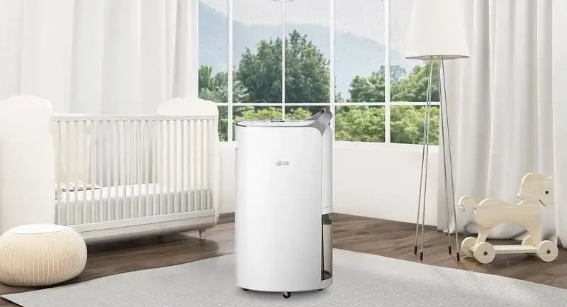 LG 30L Dual Inverter Dehumidifier with Ionizer quietly operating in a modern indoor space