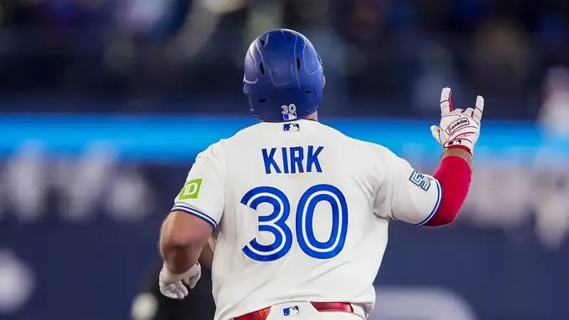 Alejandro Kirk celebrates hitting a home run against the Athletics during the ninth inning at Rogers Centre. 