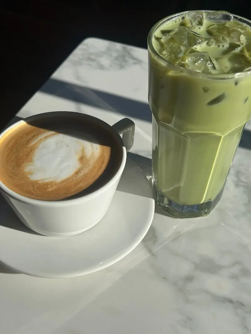It's a spin on matcha lengthened with sparkling water, pale and effervescent, built more like a highball than a latte.