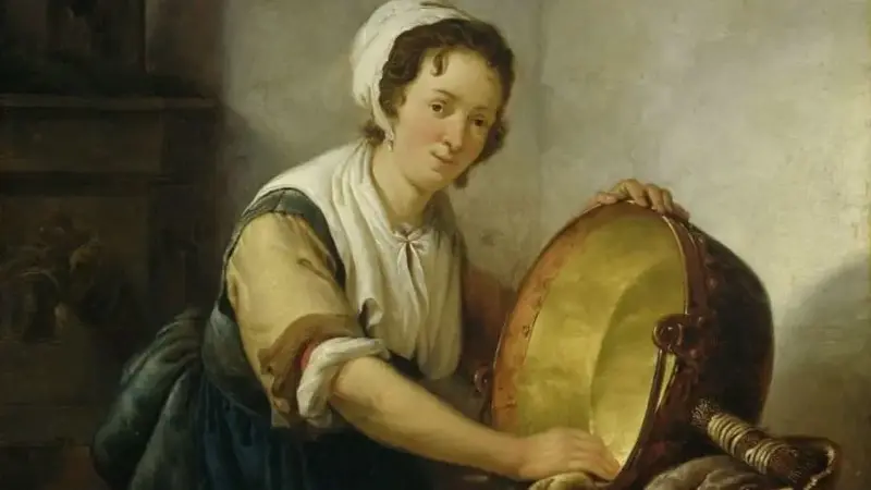 A scullery maid washes a dish in a painting