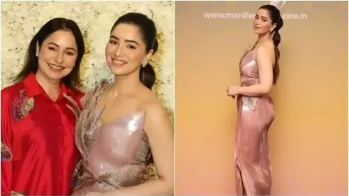 Sara Tendulkar in a one-shoulder gown designed by Amit Aggarwal. She styled the sequinned ensemble with a bubble braid hairdo, pink lips, darkened brows and statement earrings.