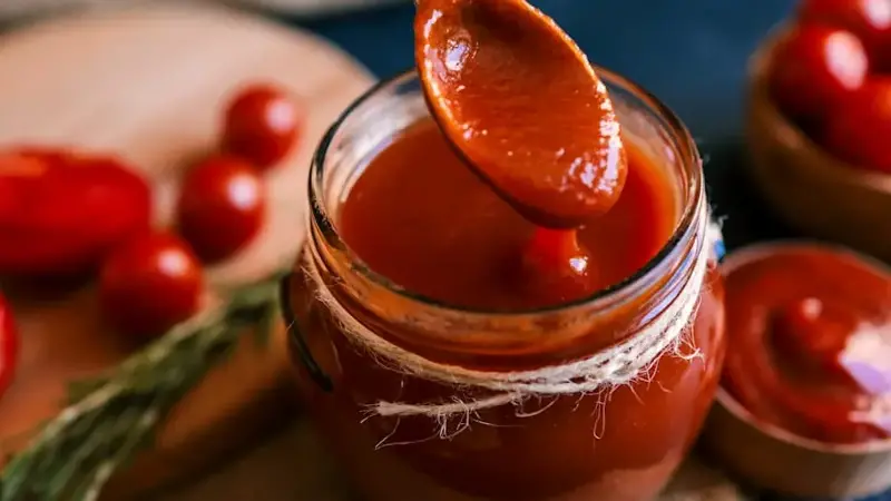 Homemade tomato sauce being scooped from a jar with a wooden spoon.