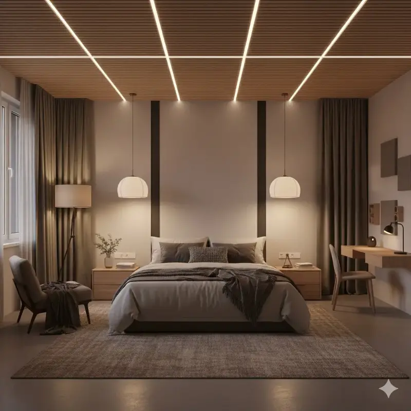 Choose warm lighting to soften the interiors. 