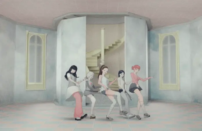 OWIS dancing in a pastel-colored room with a staircase in the background.