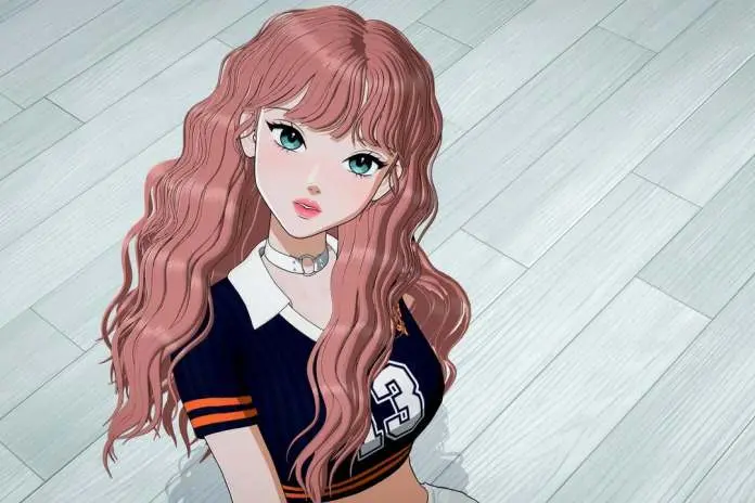 An anime-style illustration of Yuni with long, wavy pink hair, wearing a navy blue shirt with orange stripes and the number 23, seated on a light wooden floor.