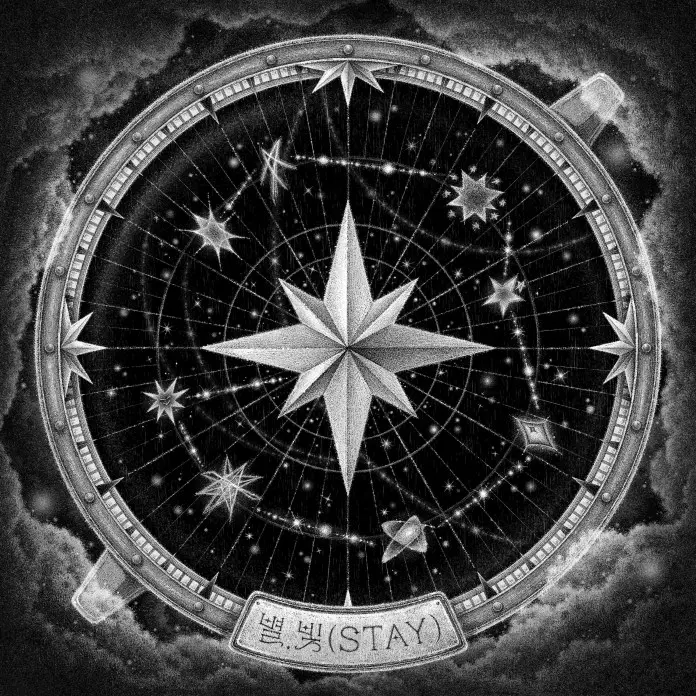 A detailed illustration of a compass surrounded by stars, with a central eight-pointed star and the word 'STAY' in Korean at the bottom.