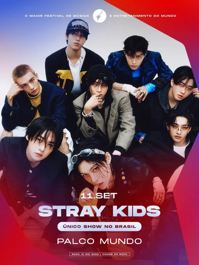 Promotional image for Stray Kids' concert in Brazil, featuring the band members posing together, with a colorful background and event details.