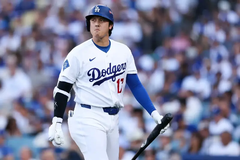 LOS ANGELES, CALIFORNIA - OCTOBER 04: Shohei Ohtani #17 of the Los Angeles Dodgers reacts after striking out during the first inning against the Atlanta Braves in game two of the National League Division Series at Dodger Stadium on October 04, 2026 in Los Angeles, California.  (Photo by Luke Hales/Getty Images)