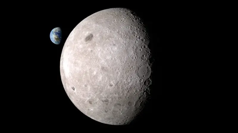 Visualization of the Moon's far side showing its cratered terrain