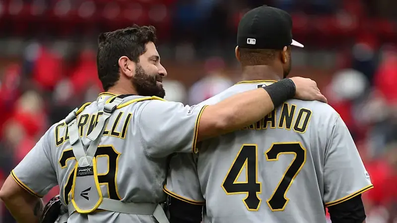 Pittsburgh Pirates catcher Francisco Cervelli (29) celebrates with relief pitcher Francisco Liriano