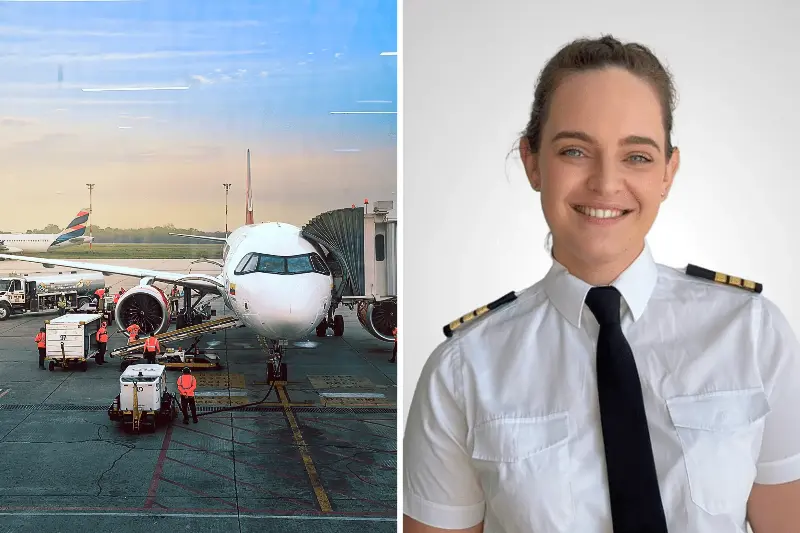 From left: A commercial airplane is loaded on an airport runway; and Hanna in uniform.