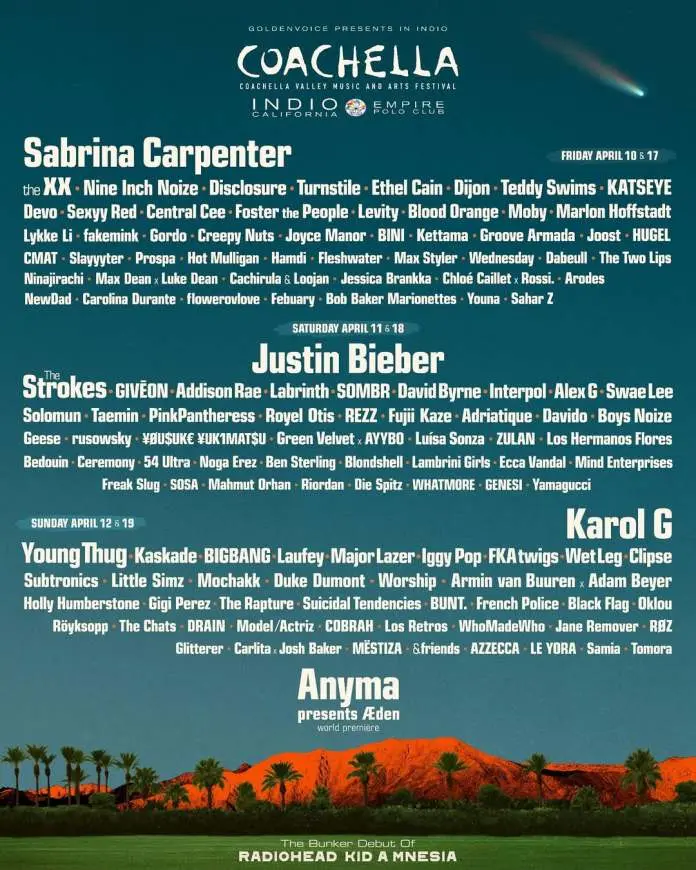 Coachella music and arts festival lineup poster featuring artists Sabrina Carpenter, Justin Bieber, Karol G, BIGBANG and many others, along with event details and dates.