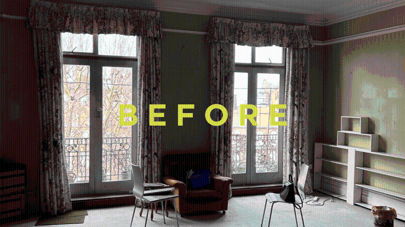 The before and after of a period apartment in earls court with large floor-to-ceiling windows and traditional features