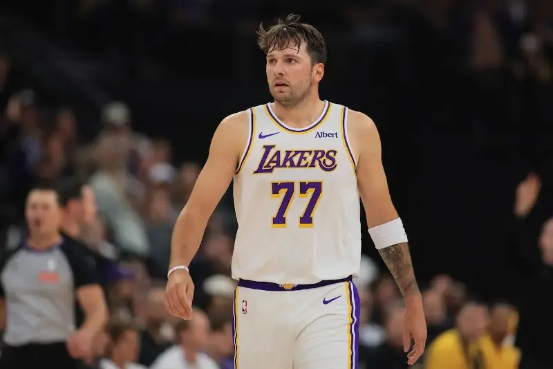 Luka Doncic #77 of the Los Angeles Lakers reacts as he walks up the court after missing a basket during the first half of their game against the Utah Jazz at the Delta Center on October 25, 2026, in Salt Lake City, Utah. (Photo by Chris Gardner/ Getty Images)