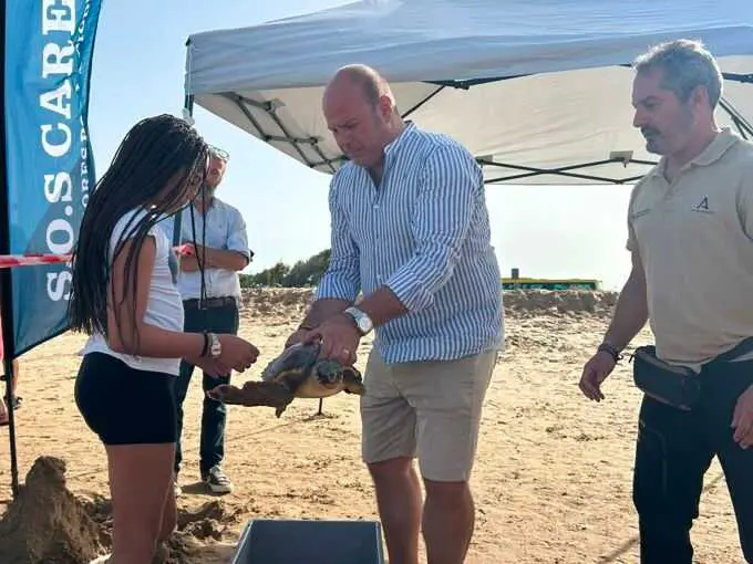 Junta y pescadores devuelven al mar en Rota una tortuga rescatada desde SOS Caretta