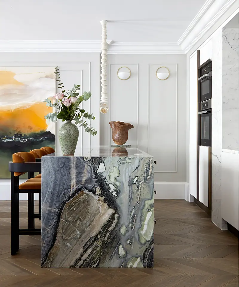 Allow your island to play a primarily aesthetic role, and let the material do all the talking.  (Image credit: Anna Stathaki)