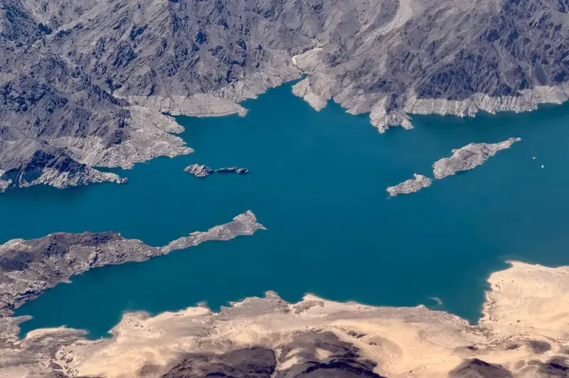 Aerial view of Boulder Basin, the northwestern arm of Lake Mead, shows the bathtub ring, an indicator of long-term water loss, near Boulder City, Nevada