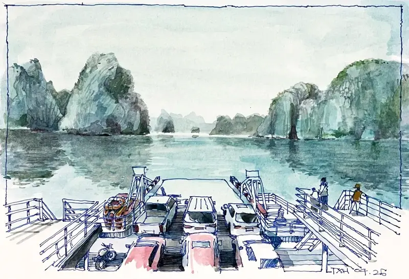 Phà Tuần Châu đi Cát Bà-Một trong những tuyến phà đẹp nhất vì đi qua Vịnh Hạ Long - ký họa của KTS Trần Xuân Hồng