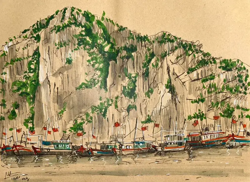 Tấp nập tàu thuyền trên Vịnh Hạ Long - ký họa của họa sĩ Trần Bình Minh