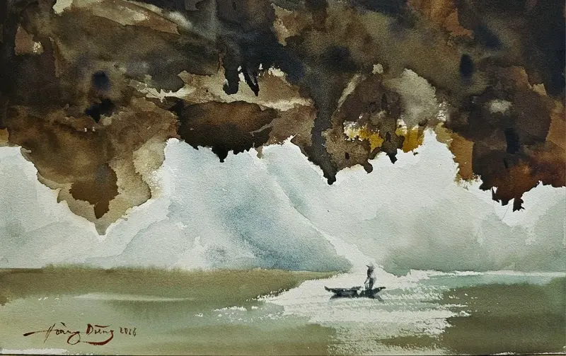 Những hòn đảo trong Vịnh Hạ Long được tạo thành từ đá vôi qua hàng trăm triệu năm - tranh của KTS Hoàng Dũng.