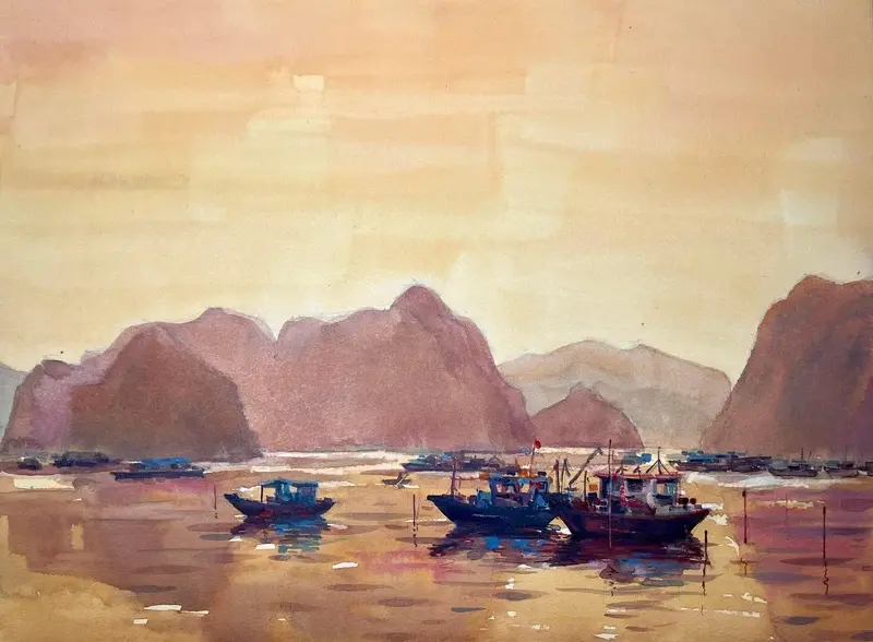 Vịnh Hạ Long là điểm du lịch thu hút nhiều du khách trong và ngoài nước - tranh của KTS Duy Huỳnh