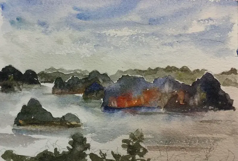 Vịnh Hạ Long có thể được xem là bảo tàng địa chất tự nhiên - ký họa của họa sĩ Trần Bình Minh