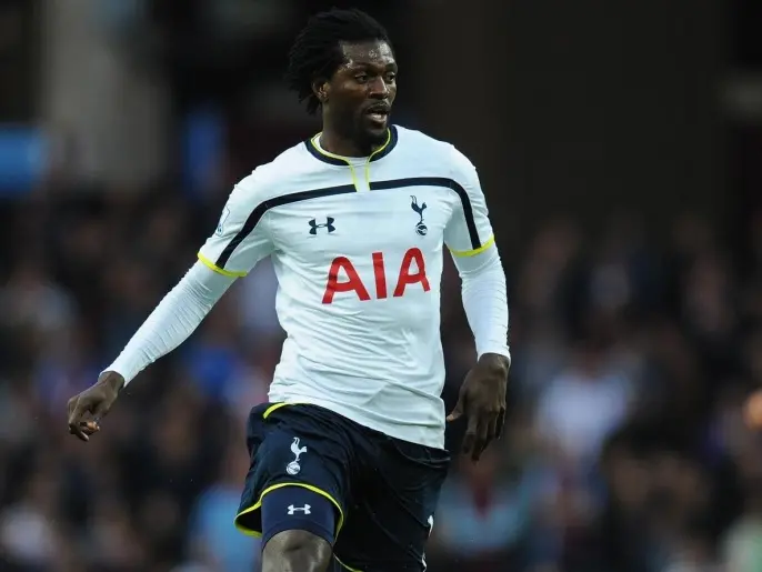 BIRMINGHAM, ENGLAND - NOVEMBER 02: Spurs striker Emmanuel Adebayor in action during the Barclays Premier League match between Aston Villa and Tottenham Hotspur at Villa Park on November 2, 2014 in Birmingham, England.