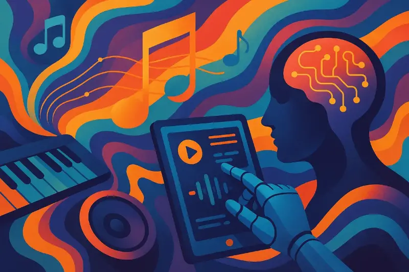 Ilustración artística colorida de una inteligencia artificial componiendo música en tiempo real con una interfaz táctil, rodeada de notas musicales, sintetizadores y ondas sonoras abstractas.