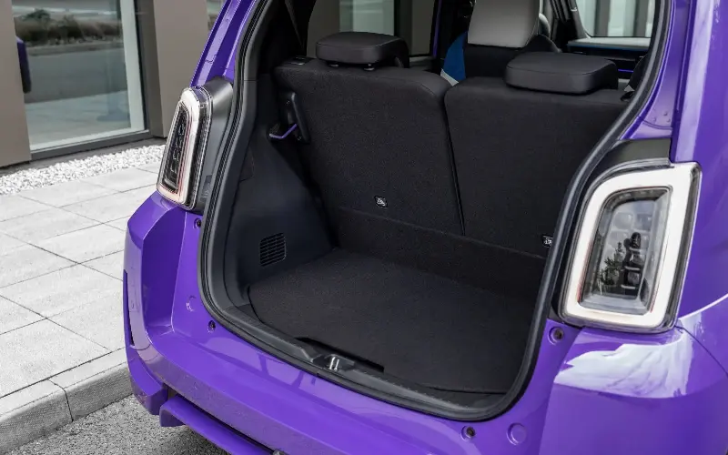 The boot space opens at the bumper for easier loading, and extra space is available by flipping the back seats up, cinema-style