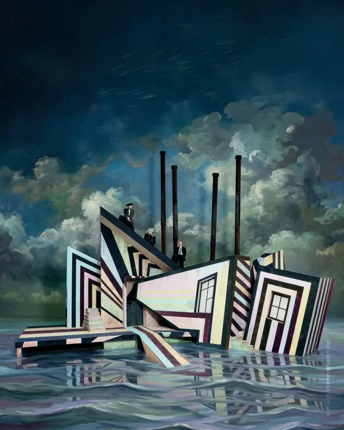 A surreal architectural structure with striped patterns, situated in water under a dramatic sky, with three figures dressed in formal attire standing on top.