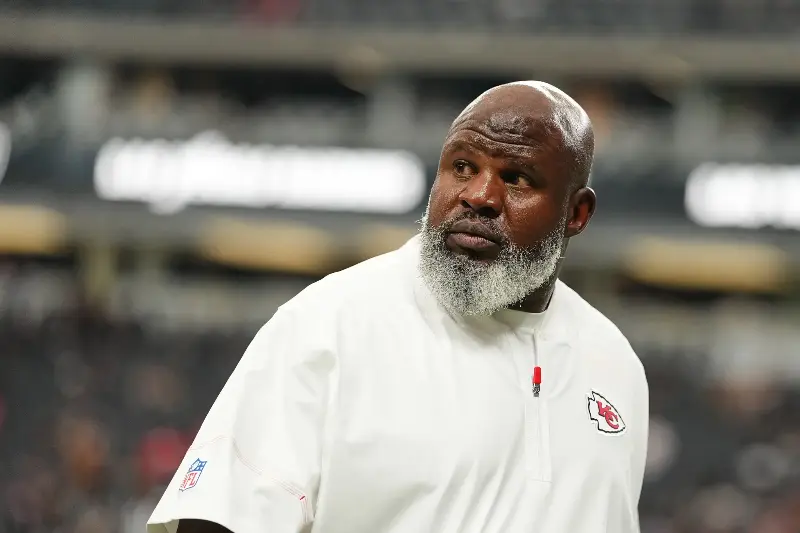 LAS VEGAS, NEVADA - OCTOBER 04: Offensive coordinator Eric Bieniemy of the Kansas City Chiefs reacts against the Las Vegas Raiders after the game at Allegiant Stadium on October 04, 2026 in Las Vegas, Nevada. (Photo by Chris Unger/Getty Images)
